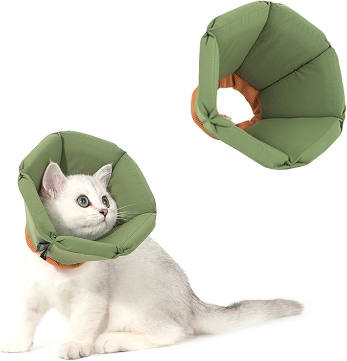 Cat Cone Collar - Soft Waterproof Elizabethan for Cats, Cute Green Flower Anti-Lick Recovery Collar, Adjustable Healing Collar for Wound Care & Surgery，M