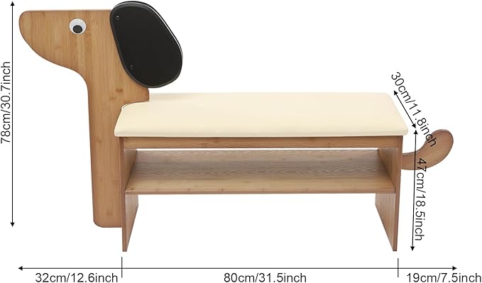 Cute Dog Shoe Bench with Cushion, 51.6”L x 11.8”W Puppy Shoe Storage Bench Beige 2-Tire Bamboo Shoes Rack Bench for Entryway Living Room Hallway Bedroom 220Lbs Load Capacity