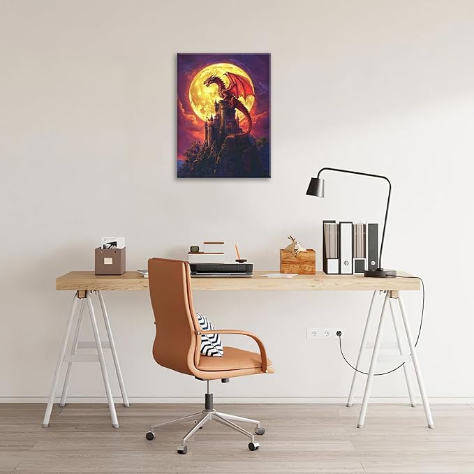 Dragon Bathroom Pictures Wall Art, Red Dragon Castle Bathroom Wall Decor, Framed Painting Canvas Artwork for Bedroom Living Room Decorations 16"L x 12"W