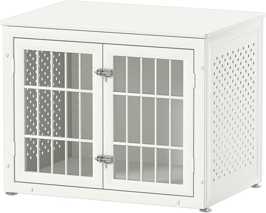 32" Heavy Duty Dog Crate Furniture for Small and Medium Dogs, Metal Kennel for High Anxiety Dogs, Chew Proof Pet Cage Indoor, Decorative Dog Kennel End Table, White