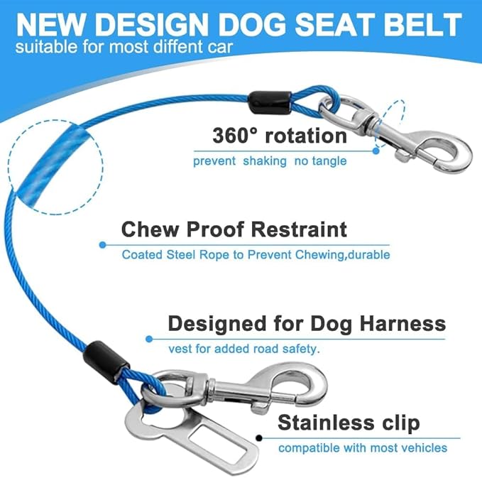 Dog Seat Belt Harness for Car,Dog Seatbelt of Coated Wire Leash Safety Restraint,No Chew Tether Cable Vehicle,Double Clips & Latch(Blue, 32 inch/80 CM)