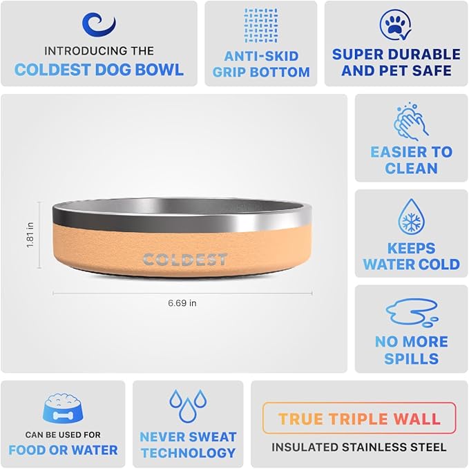Coldest Dog Bowl - Anti Rust Metal, Non Slip, 3 Layers Insulated Stainless Steel Dog Bowls - Spill Proof & Heavy Duty - Water Bowl for Dogs, Cats & Pets, Dish Washer Safe (21 oz, Sahara Tan)