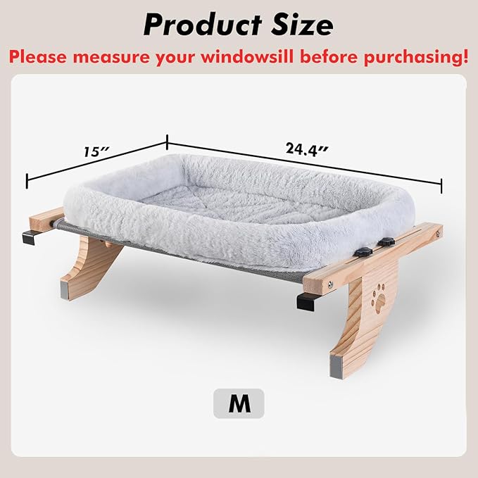 AMOSIJOY Cat Sill Window Perch Sturdy Hammock Window Seat with Cushion Cover, Wood & Metal Frame for Large Cats, Easy to Adjust Cat Bed for Windowsill, Bedside, Drawer and Cabinet (L)
