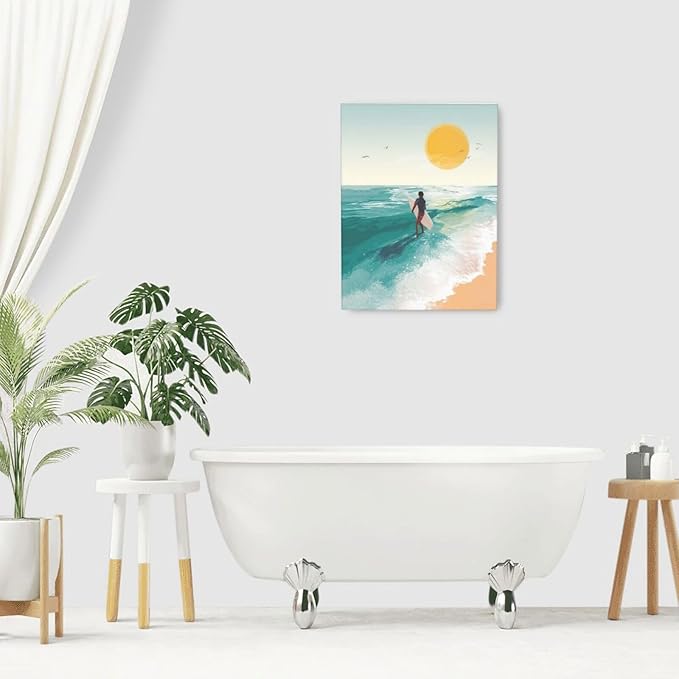 Beach Surfing Wall Art Ocean Coastal Wave Canvas Wall Decor Summer Nature Seascape Pictures Painting Print Framed Artwork Decorations for Bathroom Living Room Office Bedroom 12"x16"