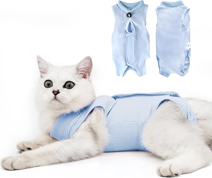 DOTON Cat Recovery Suit for Male and Female Surgical Post Surgery Soft Cone Onesie Shirt Clothes Neuter Licking Protective Diapers Outfit Cover Kitten Spay Collar(M, Blue)