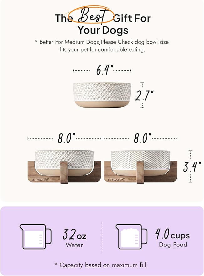 Ceramic Dog Bowl Set, 4 Cups Food and Water Bowl for Medium Small Dogs, Cute Pet Dishes with Wood Stand, Rhombus+Wave Design (Set of 2)