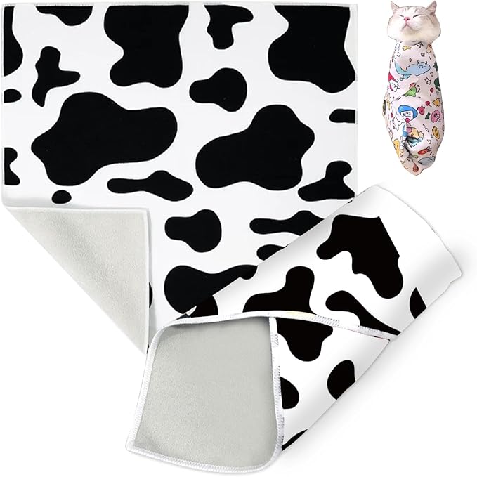 Cat Grooming Wrap, Cat Wrap Self-Adherent, Anti-Scratch Anti-Bite, Anti-Escape Grooming Bag for Cats Nail Clipping, Ear Cleaning, and Teeth Brushing (27.6 × 27.6" Cow Pattern)