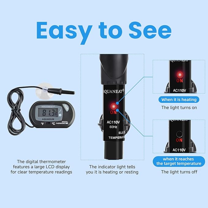 AQUANEAT Aquarium Heater, 50W Fish Tank Heater, Adjustable Submersible Water Thermostat with Digital Thermometer
