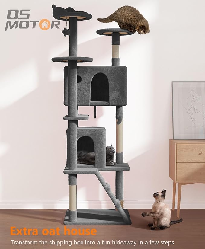 77'' Cat Tree Tower for Indoor Cats Large Adult, Cute/Tall Modern Cat Tree for Big Cats 20 lbs, Plush Multi-Level Cat Condo with Scratching Posts, Dangling Ball (Smoky Gray, 77 inch)