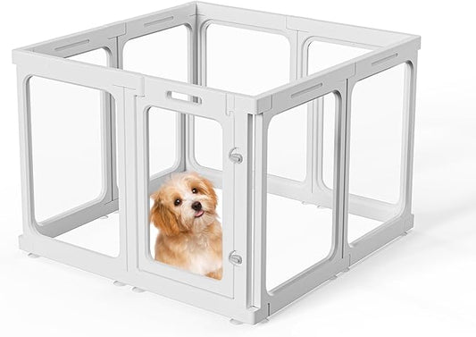 Clear Acrylic Dog Playpen with Door, for Puppy Cat Rabbit Transparent Pet Pen, Dog Playpen Indoor, Dog Fence, Easy Assemble & Cleaning Dog Pen for Small & Medium Dogs (23.6“ Height, 8PCS)