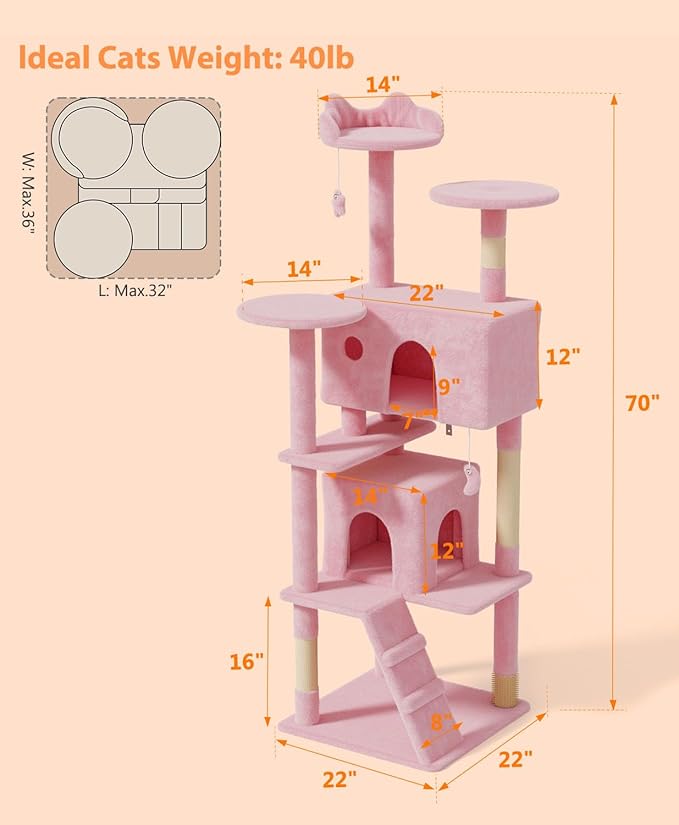 70'' Cat Tree Tower for Indoor Cats Large Adult,Cute/Tall Modern Cat Tree for Big Cats 20 lbs,Plush Multi-Level Cat Condo with Scratching Posts,Dangling Ball for Fun Play(Soft Pink, 70 inch)