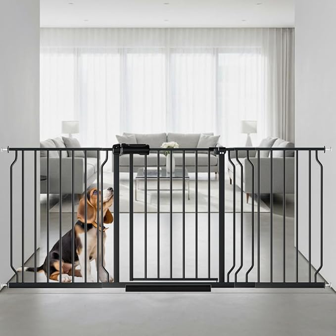 62.2"-71.65" Extra Wide Auto Closing Baby Safety Gate for Stairs & Doorways, Pressure Mounted No Drill Pet Gate with Walk-Through Door - Heavy Duty Childproof Gate for Toddlers, Kids, Dogs (Black)
