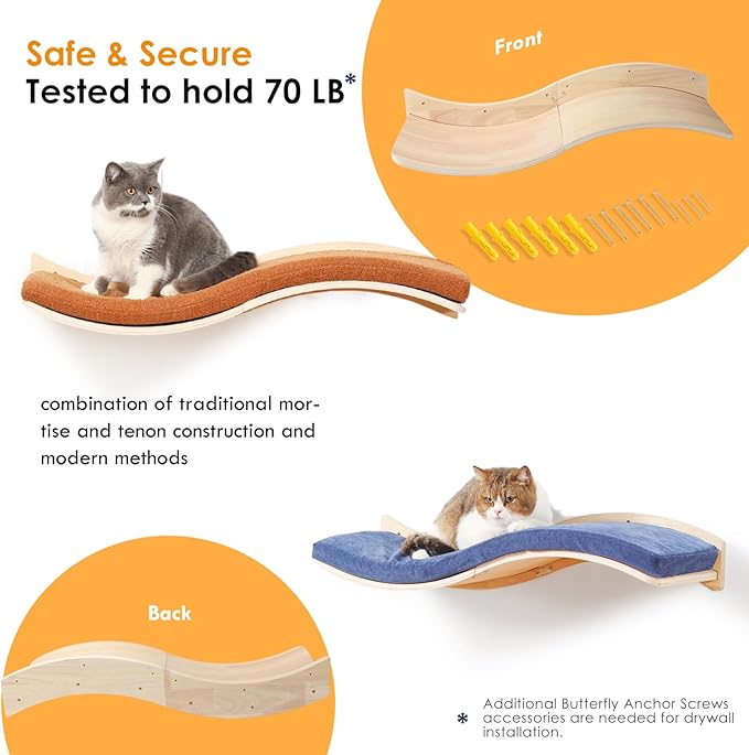 Cat Wall Shelves for Large Cats - Wall Mounted Furniture with Comfortable Cushion, Perfect Perch and Bed for Multi-Cat Households - 35 inch Wavy Shelf for Climbing, Playing, Resting, and Lounging