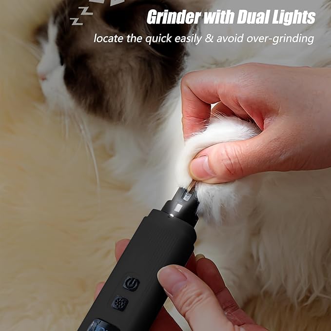 Dog Nail Grinder - 2 Speed Super Quiet and Low Vibration Electric Pet Nail Grinder - Rechargeable Dog Nail Trimmers for Small Dogs- Cat Nail Claw Clippers with 2 Level LED Lighting（Black）