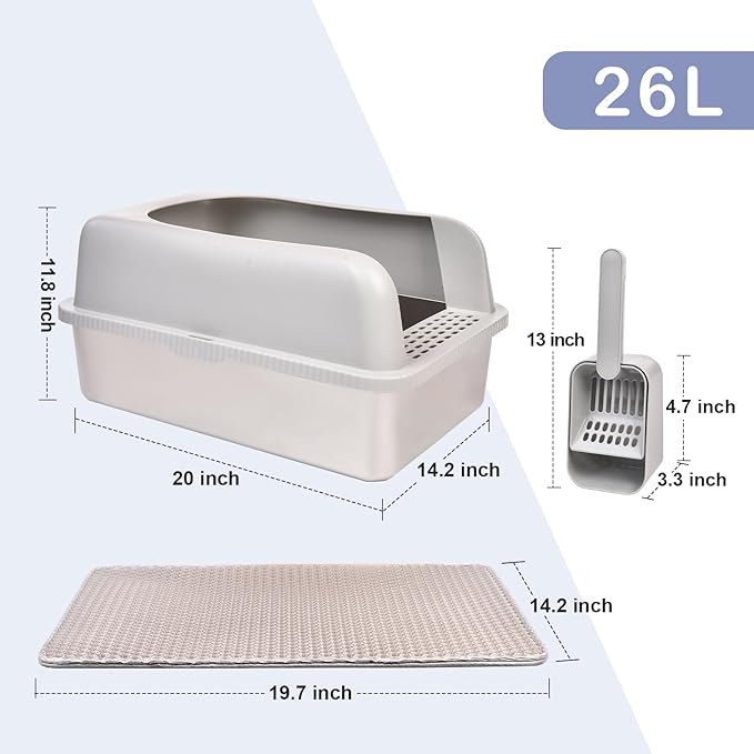 2 Pack Stainless Steel Cat Litter Box with Lid, 20" L x 14.2" W x 11.8" H, Extra Large Litter Box for Big Cats with High Sided, Anti-Urine Leakage, Easy Cleaning, Include Cat Mat and Scoop
