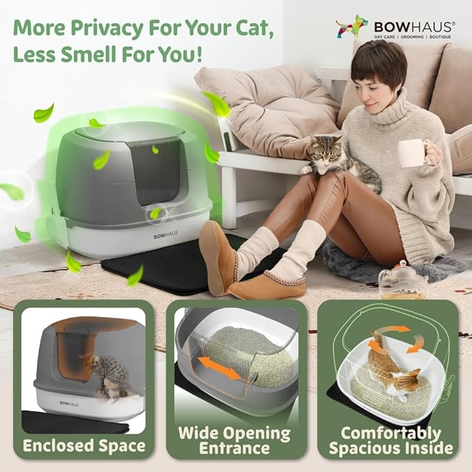 Detachable Cat Litter Box with Lid, 3-in-1 Cat Toilet of Cats, Large Space Anti-Leakage Cat Litter Box with Scoop, Cat Mat & Odor Fitter, Dark Grey