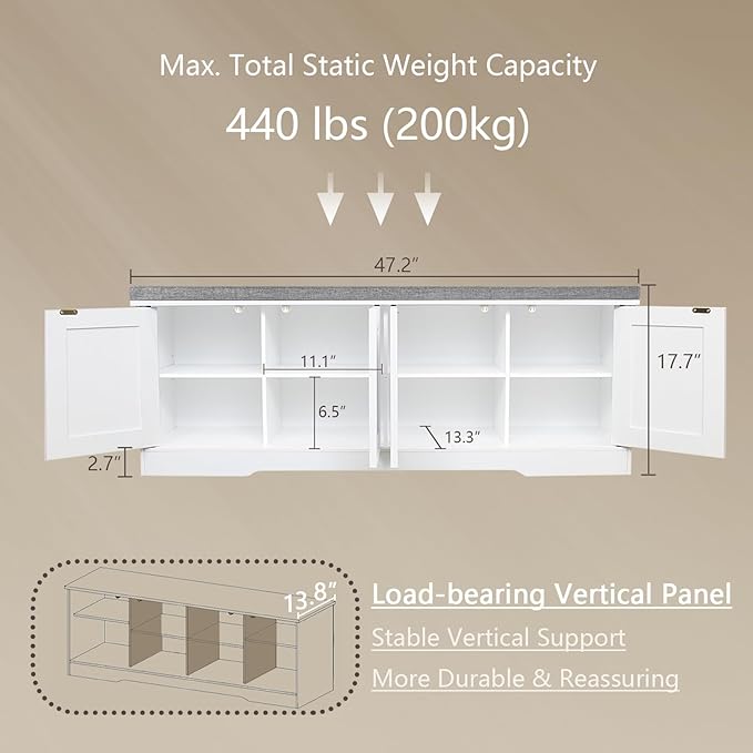DINZI LVJ Shoe Bench, Entryway Storage Bench with Doors, Cushion, 2-Tier Shoe Rack with 8-Cubby, 47.2”L x 13.8”W Shoe Organizer Cabinet, Adjustable Shelf, Living Room, Bedroom, White