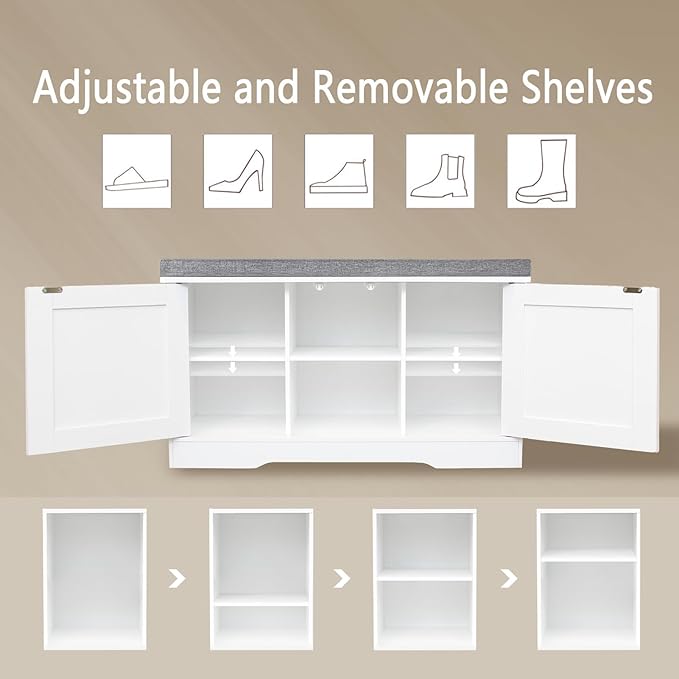 DINZI LVJ Shoe Bench, Entryway Storage Bench with Doors, Cushion, 2-Tier Shoe Rack with 6-Cubby, 31.5”L x 13.8”W Shoe Organizer Cabinet, Adjustable Shelf, Living Room, Bedroom, White