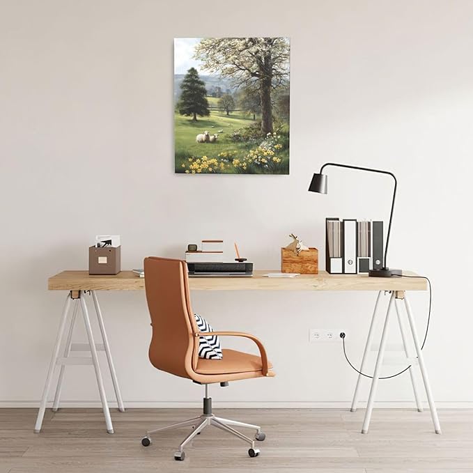 Country Sheep Canvas Wall Decor Farmhouse Rustic Lamb Wildflower Wall Art Nature Countryside Landscape Pictures Painting Print Framed Artwork Decorations for Bathroom Living Room Bedroom 24"x20"