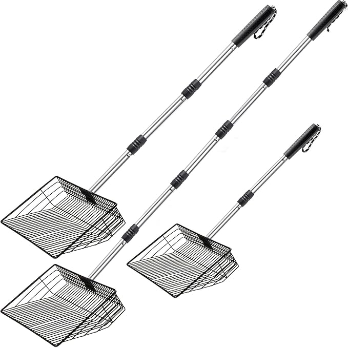 Chicken Poop Scooper, SUVEUS 10 inch Stainless Steel Coop Scoop, Adjustable 32"-67" Long, 5 in 1 Chicken Coops Shavings Shovel, Heavy Duty Sand Sifter Shovel