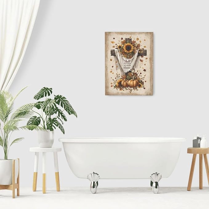 Christian Fall Wall Art Autumn Rustic Cross Sunflower Pumpkin Wall Decor Fall for Jesus He Never Leaves Pictures Painting Print Framed Artwork Decorations Gifts for Living Room Bedroom Prayer Room Office 12"x16"