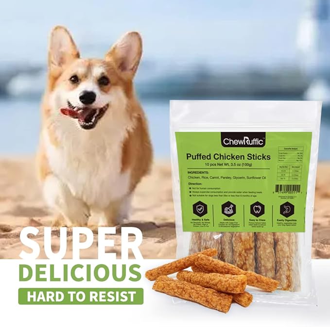 Chicken Dog Chew Sticks, Puffed Human Grade Dog Treat Sticks, Rawhide Alternative, Easy to Digest 10pcs/Pack