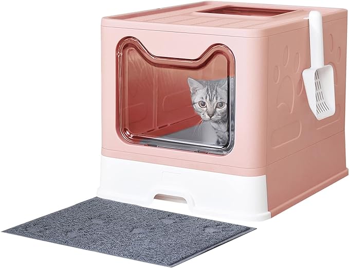 Cat Litter Box with Litter Mat and Scoop, Large Foldable Litter Box with Lid, Front Entry Top Exit Kitty Box, Odor Control, Easy to Clean (Pink)
