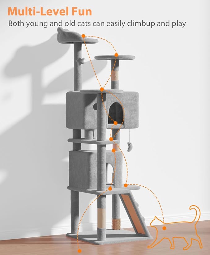 70'' Cat tree Tower for Indoor Cats Large Adult,Cute/Tall Modern Cat Tree for Big Cats 20 lbs,Plush Multi-Level Cat Condo with Scratching Posts,Dangling Ball for fun play(Light Gray, 70 inch)