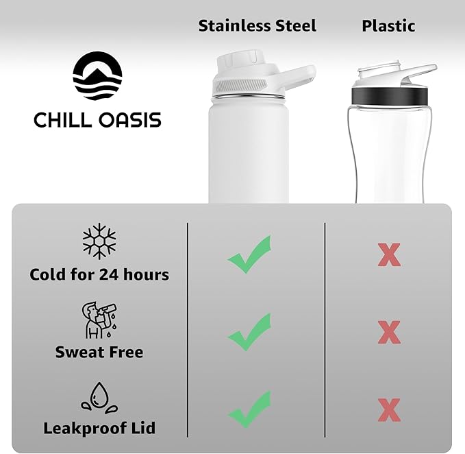 Chill Oasis Water Bottle | Compatible With Popular Flavor Cartridges | BPA Free, Leak Proof, Double-Walled Vacuum Insulated Stainless Steel, and Dishwasher Safe | Cold for 24 Hours (White, 22oz)