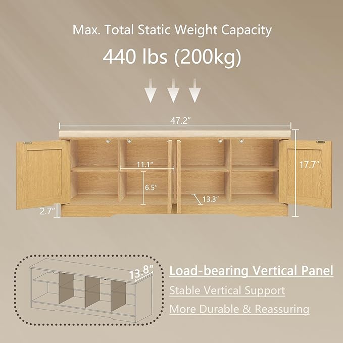 DINZI LVJ Shoe Bench, Entryway Storage Bench with Doors, Cushion, 2-Tier Shoe Rack with 8-Cubby, 47.2”L x 13.8”W Shoe Organizer Cabinet, Adjustable Shelf, Living Room, Bedroom, Natural with Rattan