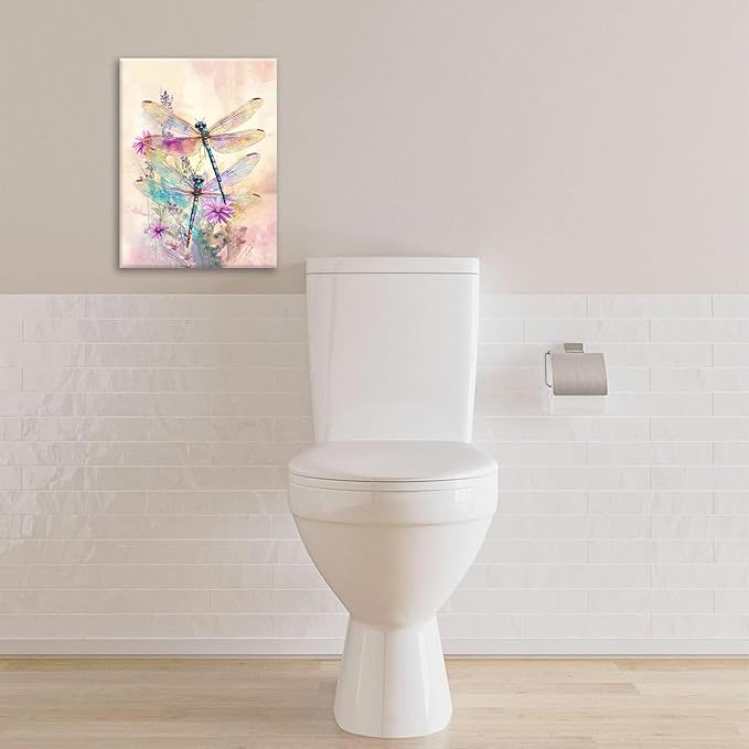 Dragonfly Bathroom Pictures Wall Art, Floral Bathroom Wall Decor, Framed Painting Canvas Artwork for Bedroom Living Room Decorations 20"L x 16"W