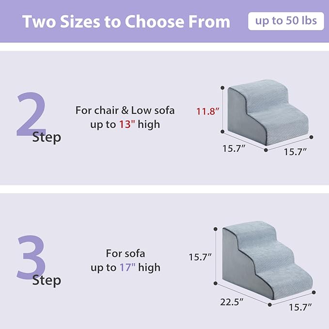 Dog Stairs for Small Dogs, 2-Steps Dog Ramp for Couch, Pet Stairs with Highly Supportive Foam and Non-Slip Bottom, Pet Steps for Cat & Doggie (High 11.8 Inch)