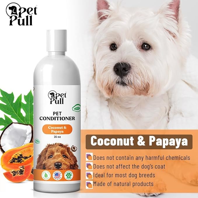 Dog Conditioner Puppy Essentials - Moisturizing Conditioner for Dogs with Coconut and Papaya Scent - Plant Based Dog Bath Supplies Detangle and Revive Pet's Coat - Made in USA (16 Oz)