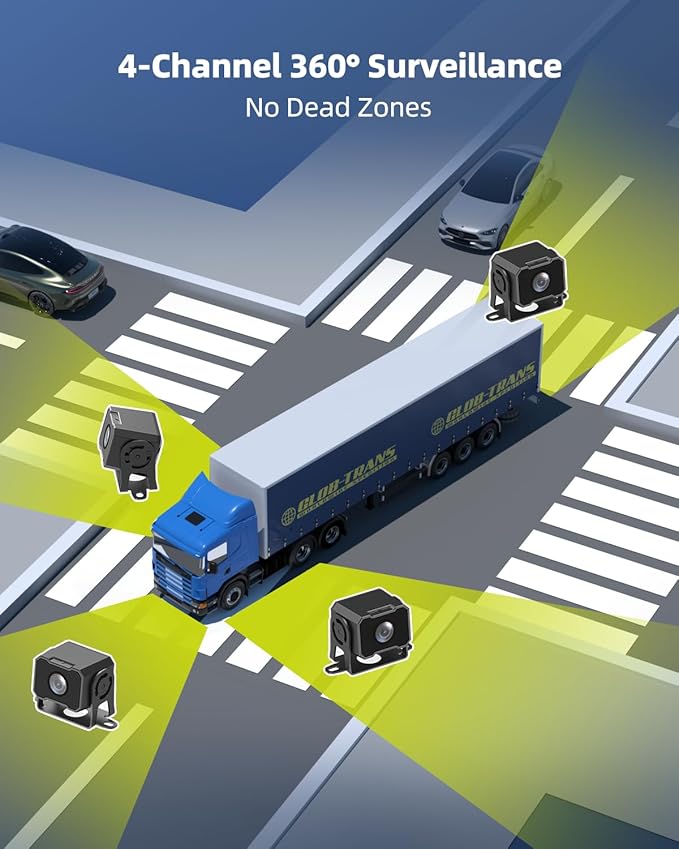 4 Channel 1080p HD Backup Camera System with 10.2" Touchscreen Monitor, DVR Recording/Playback, Bluetooth, FM Radio & Media Player for Trucks, Semis, RVs, Trailers, Vans, SUVs, Cars