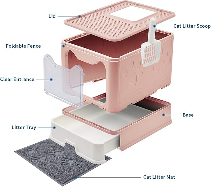 Cat Litter Box with Litter Mat and Scoop, Large Foldable Litter Box with Lid, Front Entry Top Exit Kitty Box, Odor Control, Easy to Clean (Pink)