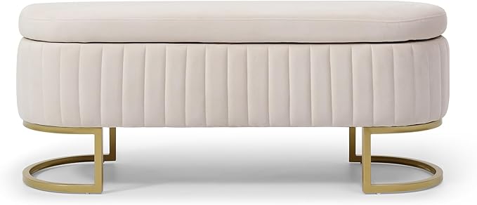 50" Sherpa Storage Ottoman Bench – Velvet Upholstered Bedroom Bench with Golden Metal Legs, Lift-Top Hidden Storage, Modern Footrest for Living Room, Entryway, Bed End (Beige)