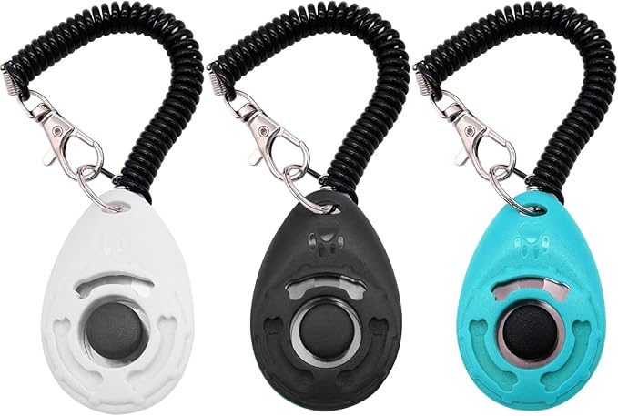 Dog Training Clicker with Wrist Strap Durable Lightweight Easy to Use,Pet Training Clicker for Cats Puppy Birds Horses,Perfect for Behavioral Training 3-Pack (Black,White and Water Lake Blue) (3)
