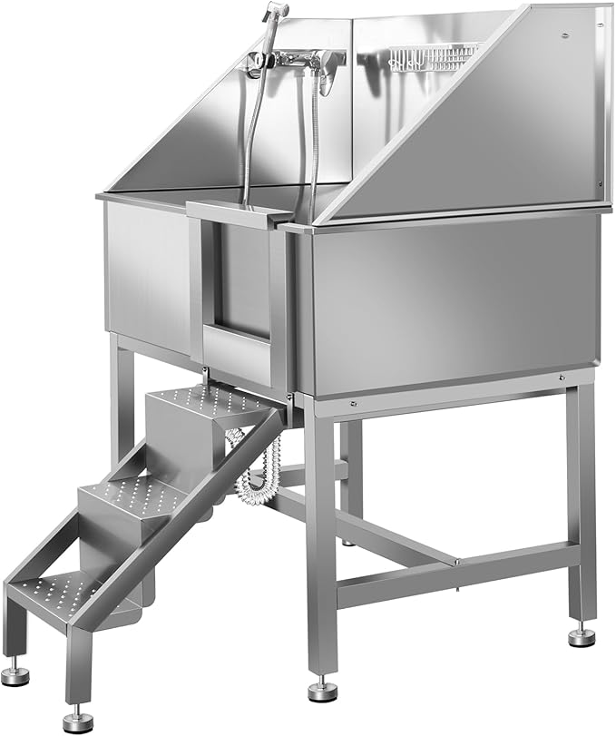 38" Dog Washing Station, Professional Stainless Steel Dog Bathing Station, Equipped with Three Anti-Slip Steps, Removable Door, Upgraded Spray Nozzle&Hose - Ideal for Home, Pet Grooming Salon,R-RAMP