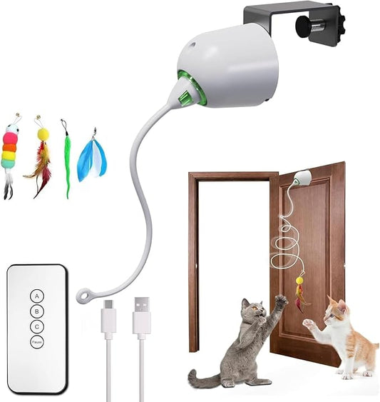 Cat Toys Interactive for Indoor, Cats Toy Hanging Door Electric for Bored, Feather Toy Kitten Rechargeable Door Hanging Automatic String with 4pcs Feather Toys, White