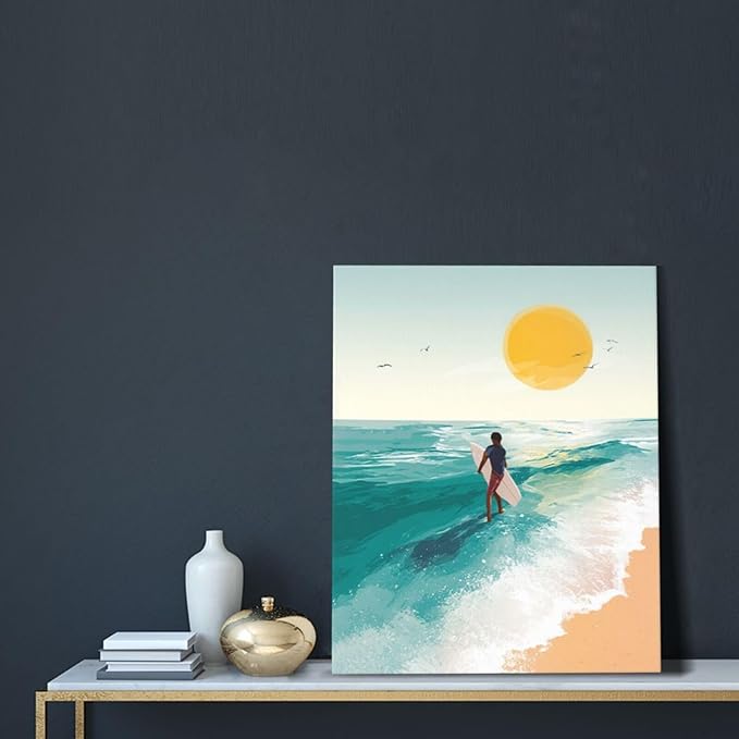 Beach Surfing Wall Art Ocean Coastal Wave Canvas Wall Decor Summer Nature Seascape Pictures Painting Print Framed Artwork Decorations for Bathroom Living Room Office Bedroom 16"x20"