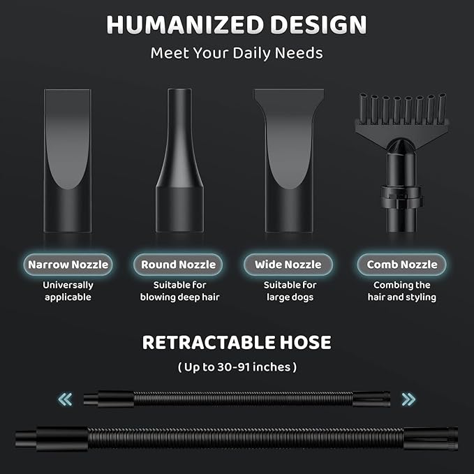 Dog-Hair-Dryer, 5.2HP/ 3800W High Velocity Pet Blow Dryer with Heater for Grooming, Speed Temperature Adjustable Dog Blower Grooming Dryer with 4 Nozzles