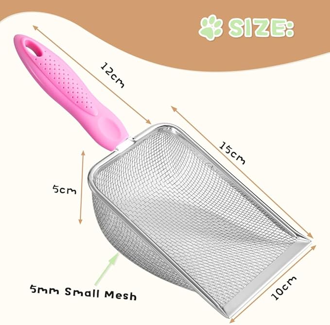 Cat Litter Scoop,Sturdy Litter Cleaner Corner Shovel,2Pcs Stainless Steel Mesh Litter Shovel,Easy to Clean Reptile Terrarium Sand Waste,Beach Shovel(Pink)