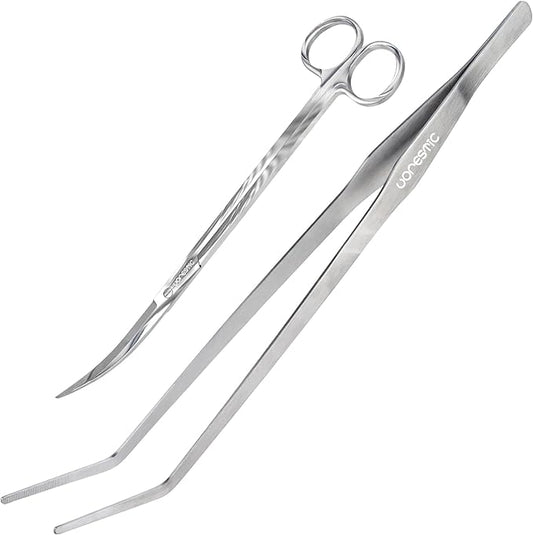 2PCS 15" Curved Aquarium Tweezers Long and 9.8" Aquarium Scissors, Feeding Tongs and Scissors with Protective Cap, Stainless Steel Aquascaping Tools for Plant Trimming and Reptile Feeding
