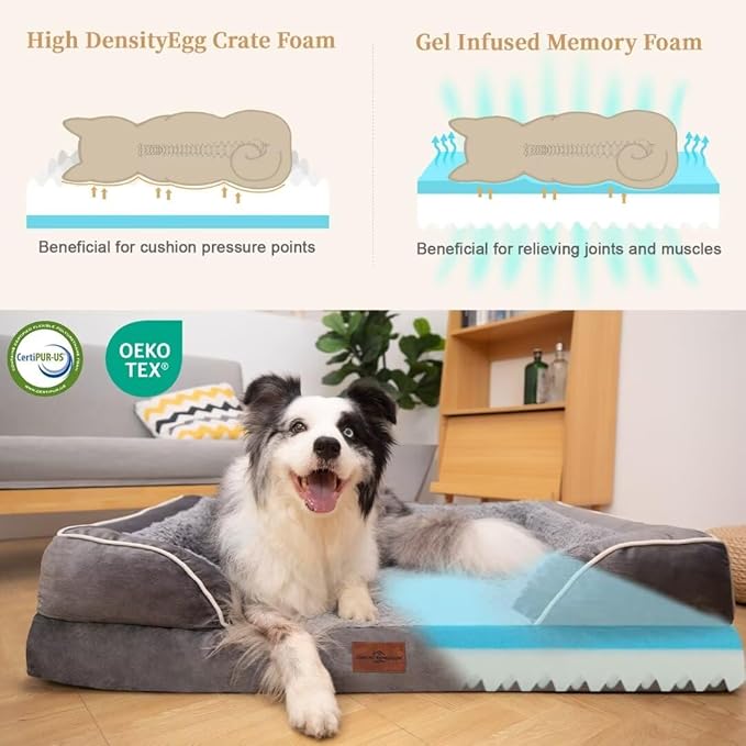 Comfort Expression Orthopedic Waterproof Dog Beds Memory Foam, XL Washable Dog Beds with Removable Cover, Large Pet Sofa Couch with Bolster(X-Large,Silver Grey)
