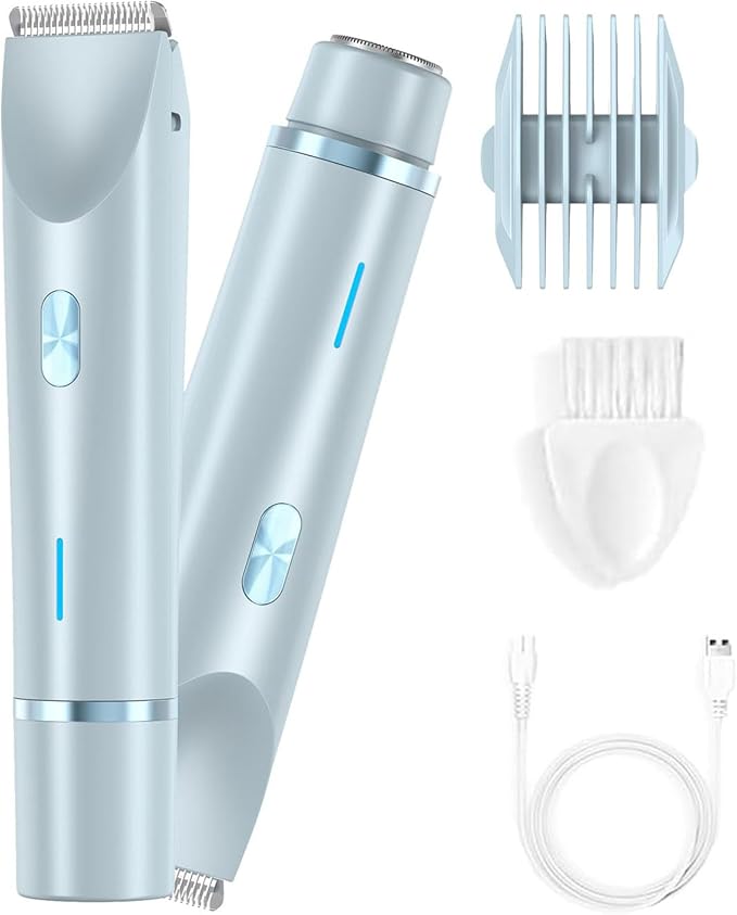 Bikini Trimmer for Women 2025 Upgrade Dual Head Shaver Women Ceramic Blades 2-in-1 Women's Body Shaver Electric Razor 90min Cordless Runtime Waterproof Travel Grooming Kit (Blue)