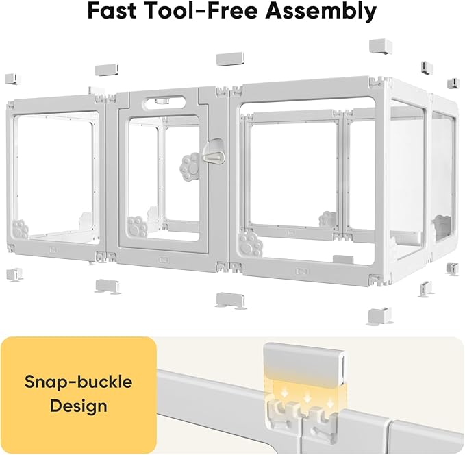 Acrylic Clear Dog Play Pen Indoors, Puppy Playpen with Door for Small Dogs Puppies, Transparent Plastic Pet Playpen Cage Fence Crate Kennel for Cat Kitten Rabbit Bunny Ferret etc (White-8 Panels)