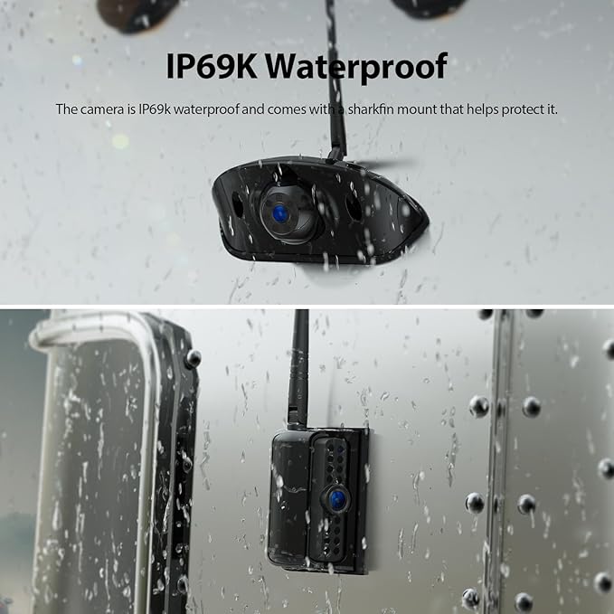 4 Cameras Wireless RV Backup System with 7-Inch Monitor, 2 Rear Sharkfin 2 Side Cameras, IR Night Vision, IP69k Waterproof Recording, Compatible with Furrion Pre-Wired RV Truck Trailer BW4