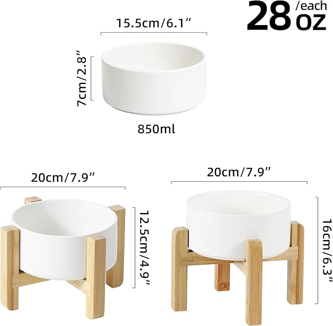 Ceramic Raised Dog and Cat Bowl Set, 2 Heights Elevated Stand, Food and Water Bowl for Small Breed Dogs, Weighted Dog Dishes, Pet Bowl(6.1'',28.7oz, White)