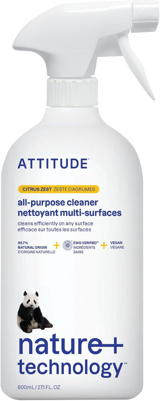 ATTITUDE All Purpose Cleaner Spray, EWG Verified, Vegan, Made with 94% Plant-Based Ingredients, Streak-Free for Kitchen, Bathroom, Glass & More, Citrus Zest Scent, 27.1 Fl Oz