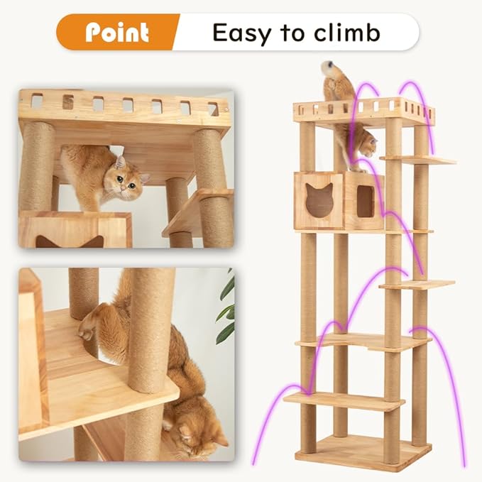 74" Wooden Cat Tree Tower for Large Cats, Multi-Level Cat Climbing Furniture with Scratching Posts, Cat Condo & Hammock, Natural Wood Cat Activity Center(Brown)